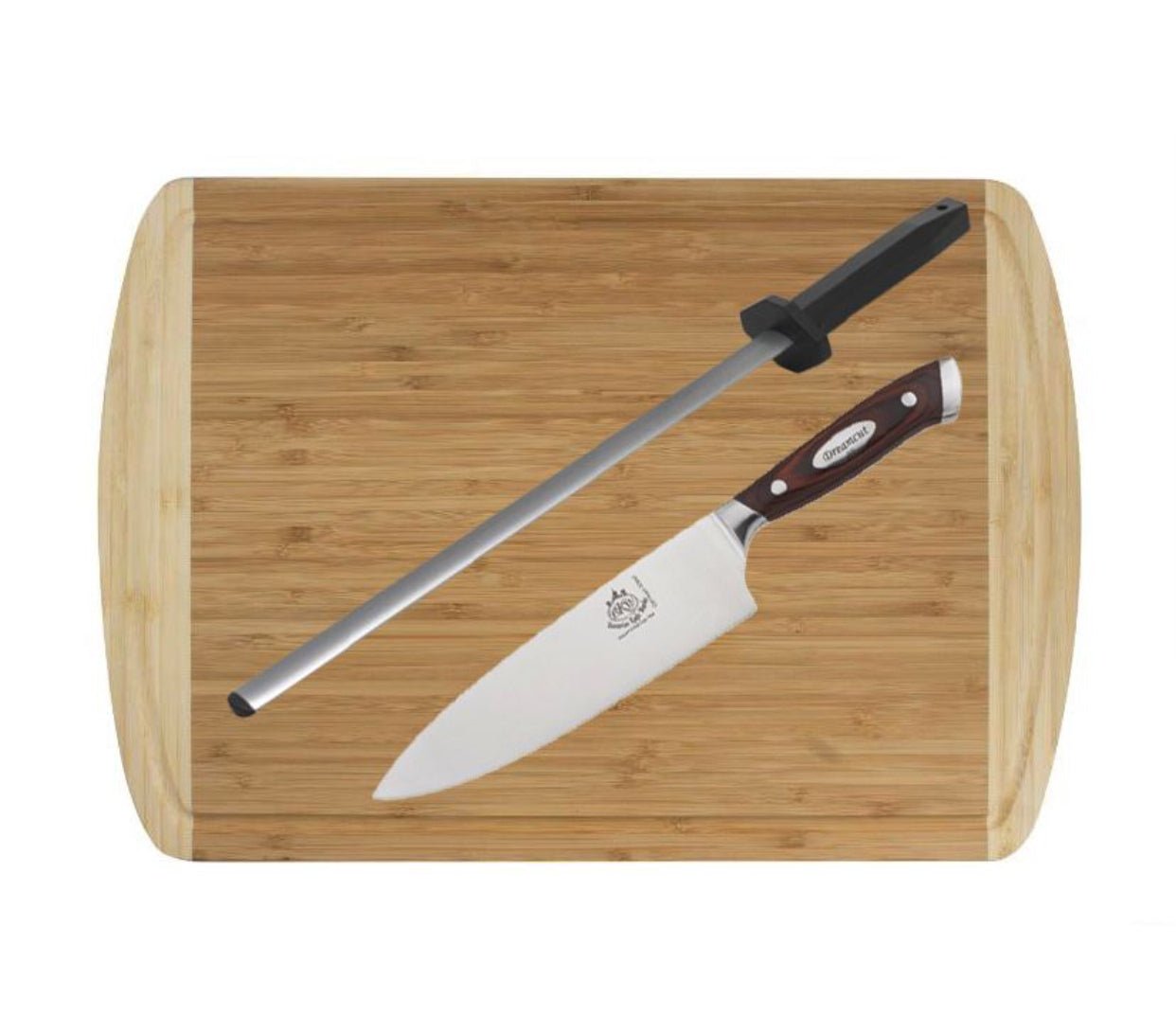 Chef Mike Special! 8 Inch Chef knife with Diamonds Steel sharpener &amp; Bamboo cutting board - Bavarian Knife Works