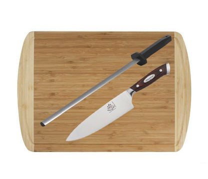 Chef Mike Special! 8 Inch Chef knife with Diamonds Steel sharpener &amp; Bamboo cutting board